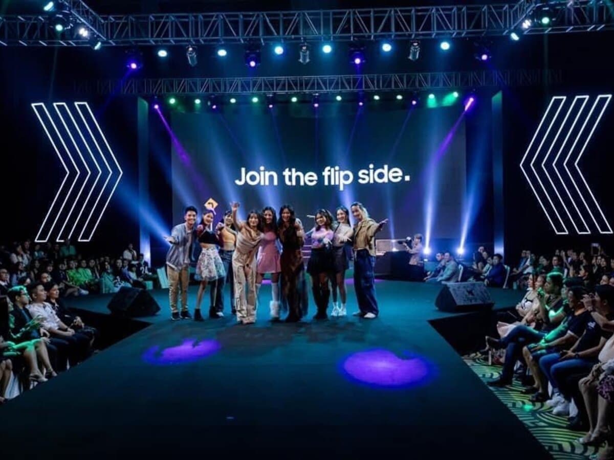Samsung flagship launch event with a blue-lit runway